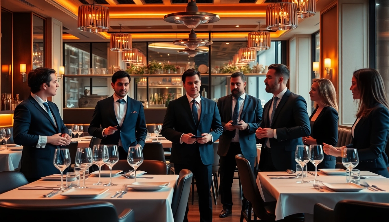 Headhunter Gastronomie verhandeln mit Bewerbern in einem eleganten Restaurant.