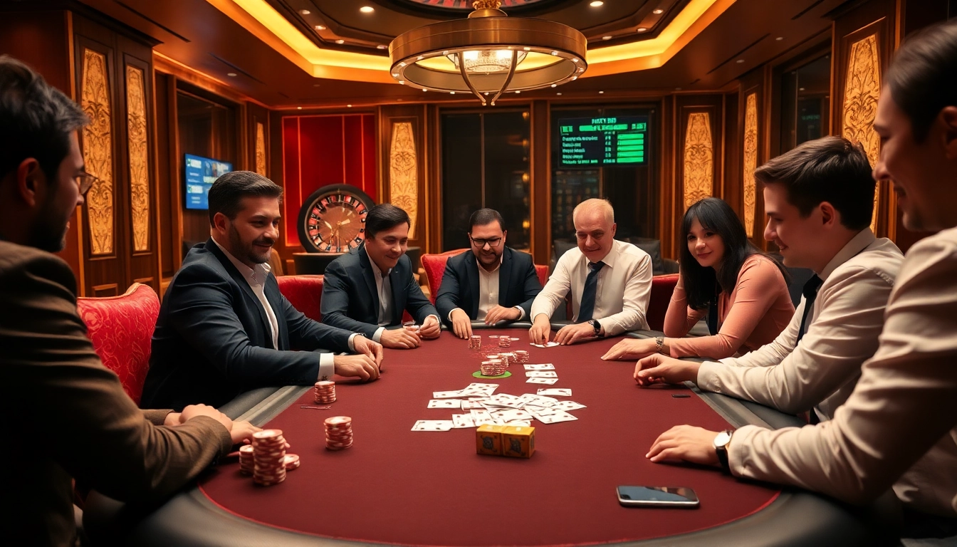 Engaged players at HM88 poker table showcasing strategy and excitement in a luxurious casino setting.