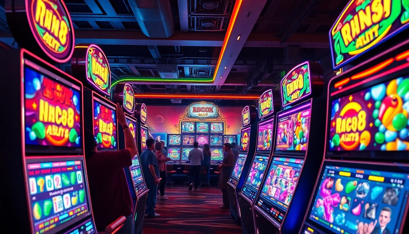 Nổ hũ abc8 vibrant gaming environment with players enjoying modern slot machines.