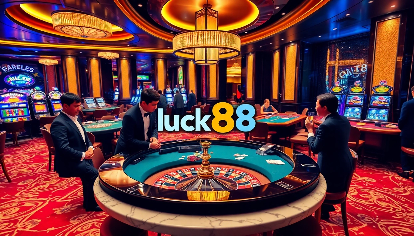 Experience the excitement of gambling at Luck8 with a luxurious casino scene featuring poker games and roulette.