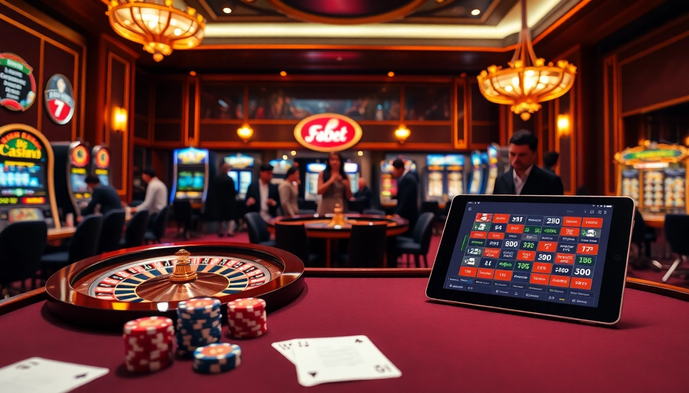 F8Bet gaming experience with poker chips and roulette wheel in a luxurious casino setting.