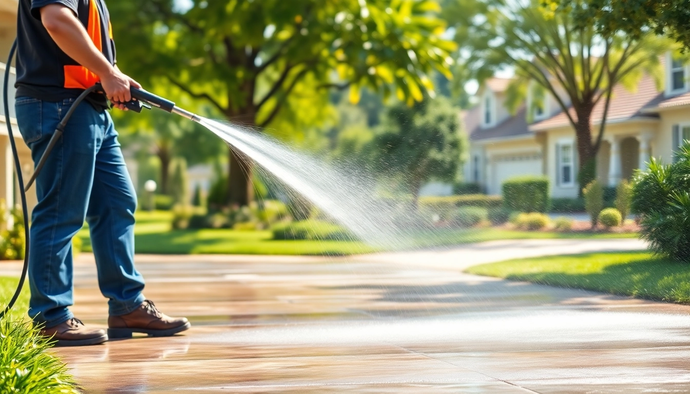 Expert concrete cleaning service revitalizing a driveway in Kissimmee, FL with a powerful pressure washer.