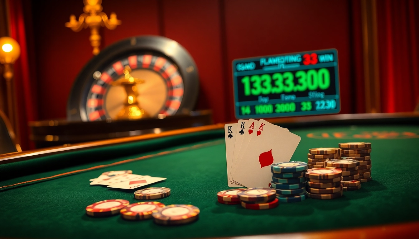 Experience the thrill of 33WIN as players engage in an exciting casino scene filled with vibrant poker chips and cards.