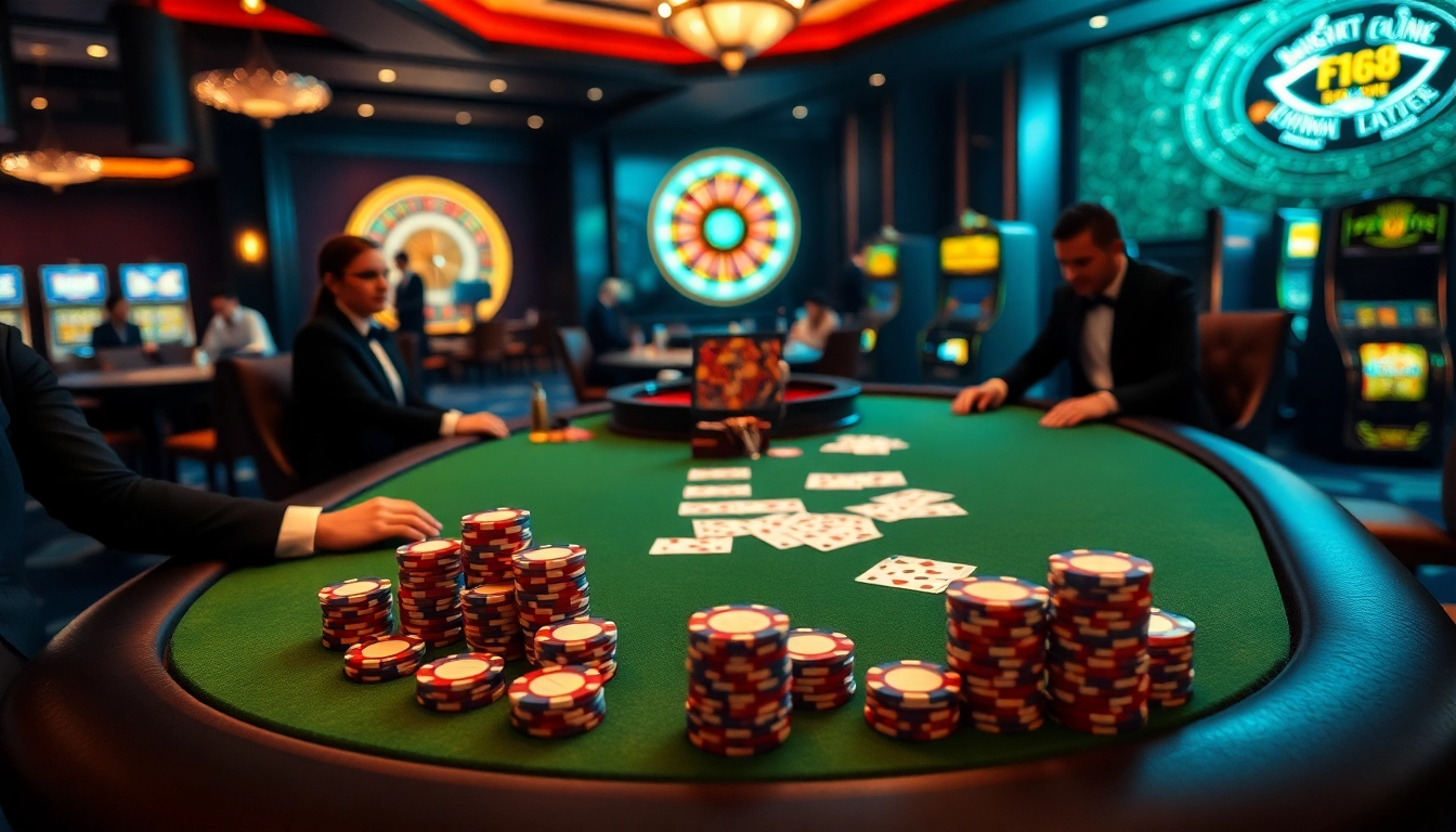 Experience the thrill of F168 with vibrant casino visuals featuring poker chips and playing cards.