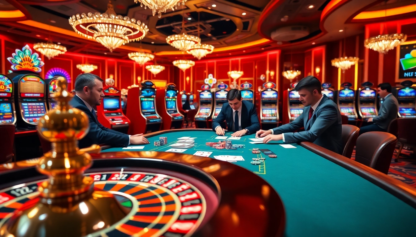 Players enjoying a professional poker game at HM88 casino with vibrant slot machines and roulette.