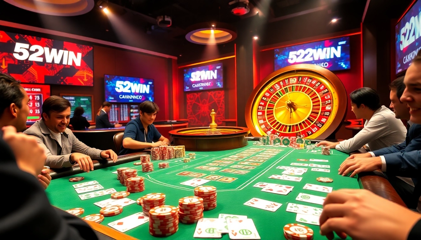 Players engaging in an exciting poker game at a luxurious casino with 52WIN highlights.