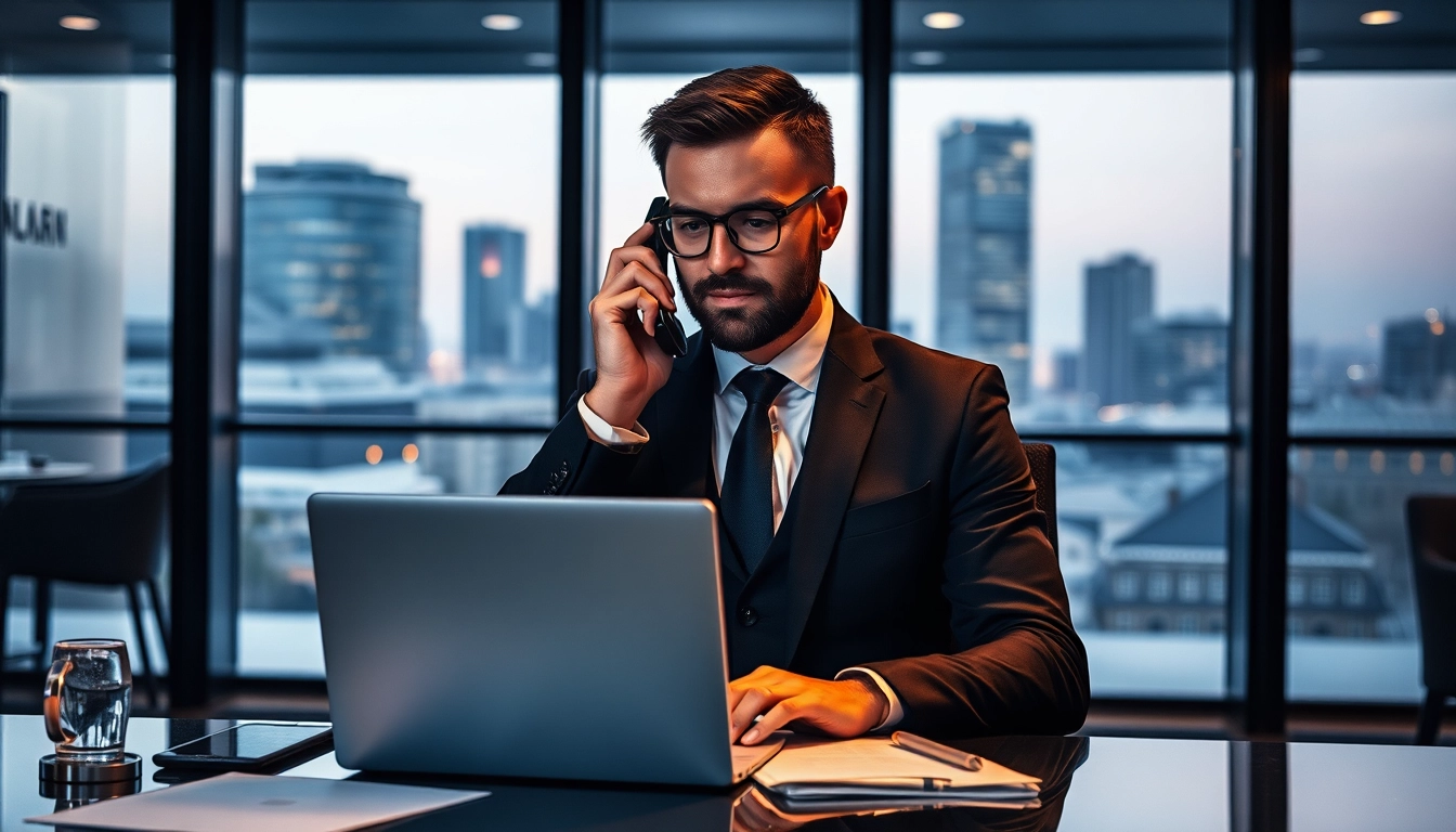 Professioneller Headhunter Gastronomie im Anzug telefoniert in einem eleganten Büro.