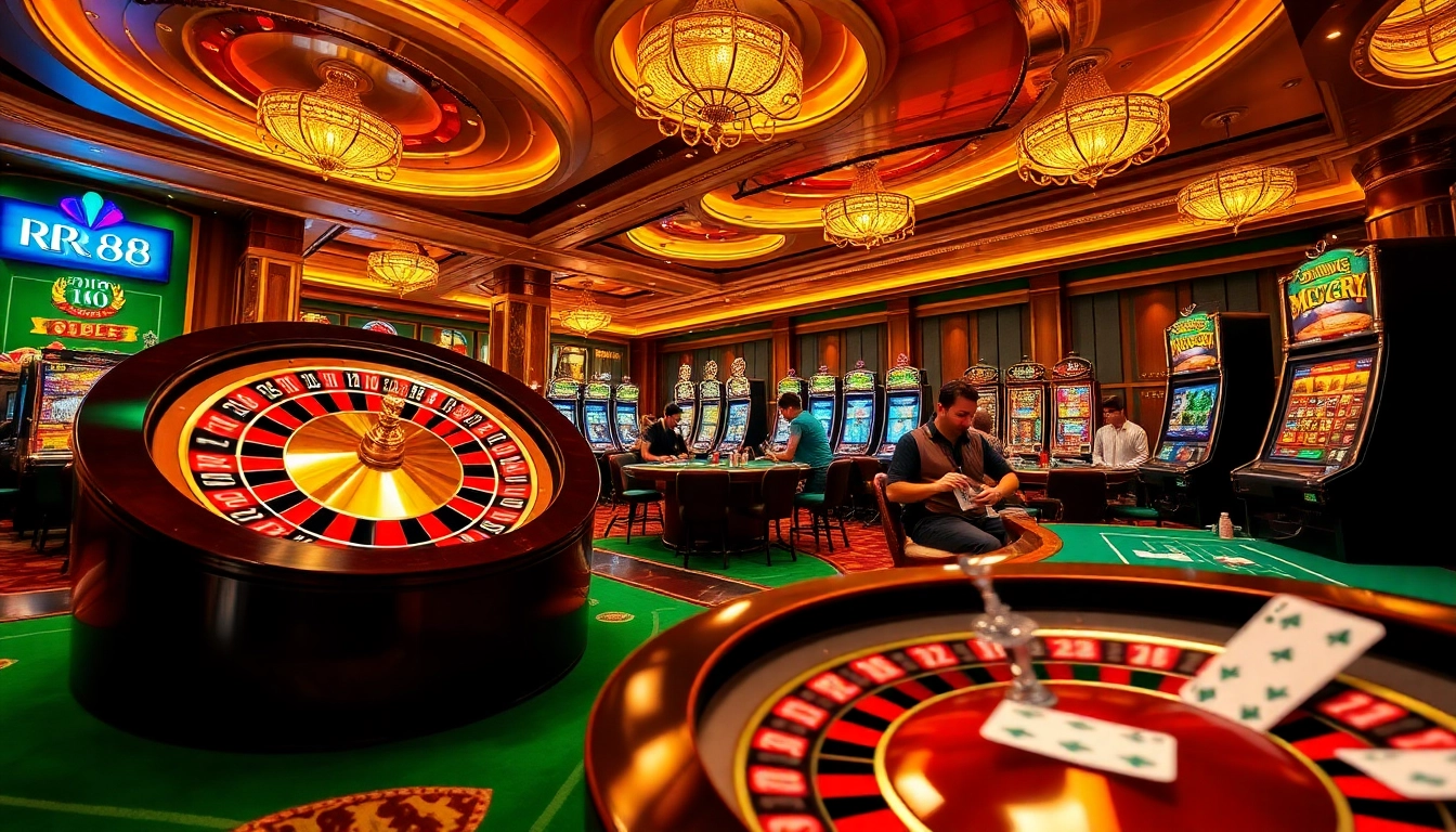 Excited gamblers at RR88 place bets with vibrant casino tables and slot machines in the background.