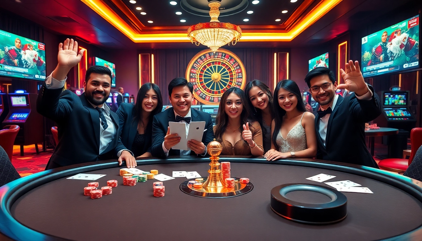 A diverse group of gamblers enjoying a vibrant casino atmosphere at 88i nhà cái with poker, roulette, and slot machines.