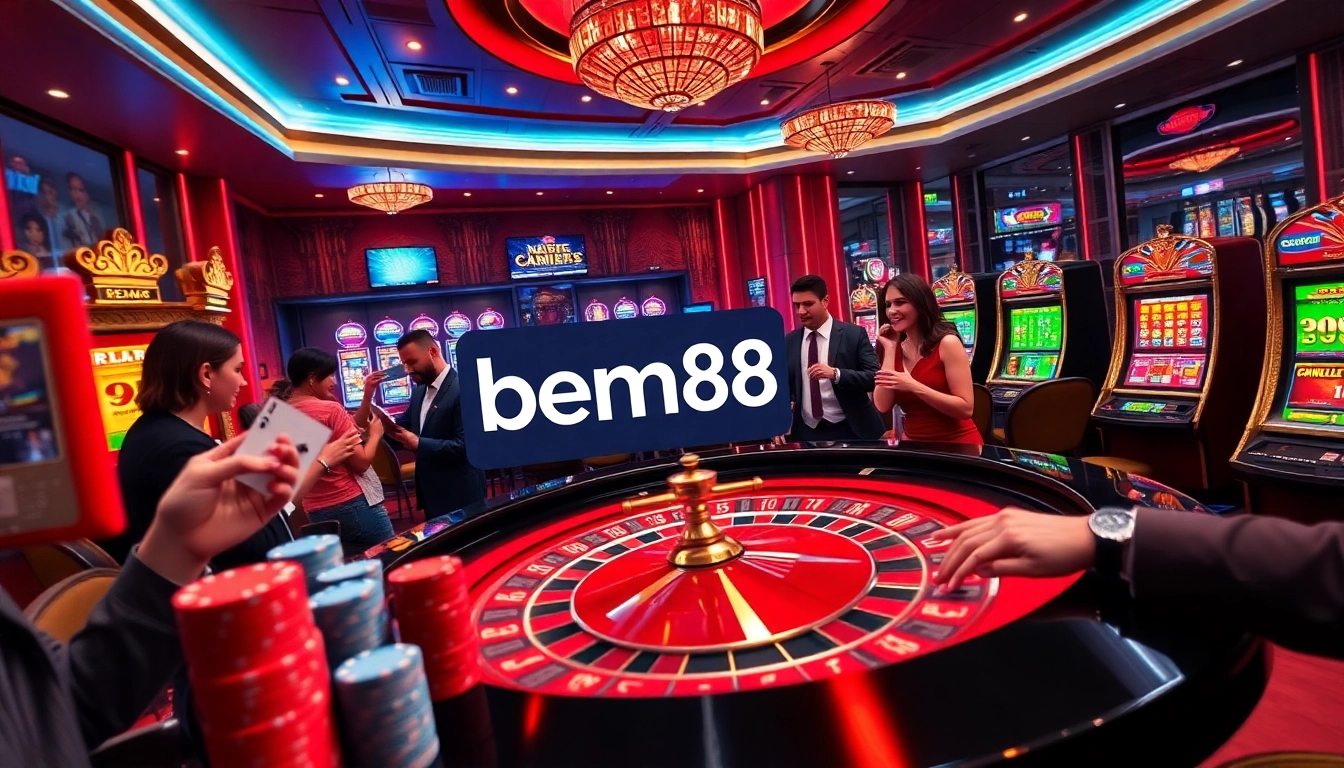 Experience luxury gaming at bem88 with dynamic roulette, exciting players, and colorful casino elements.