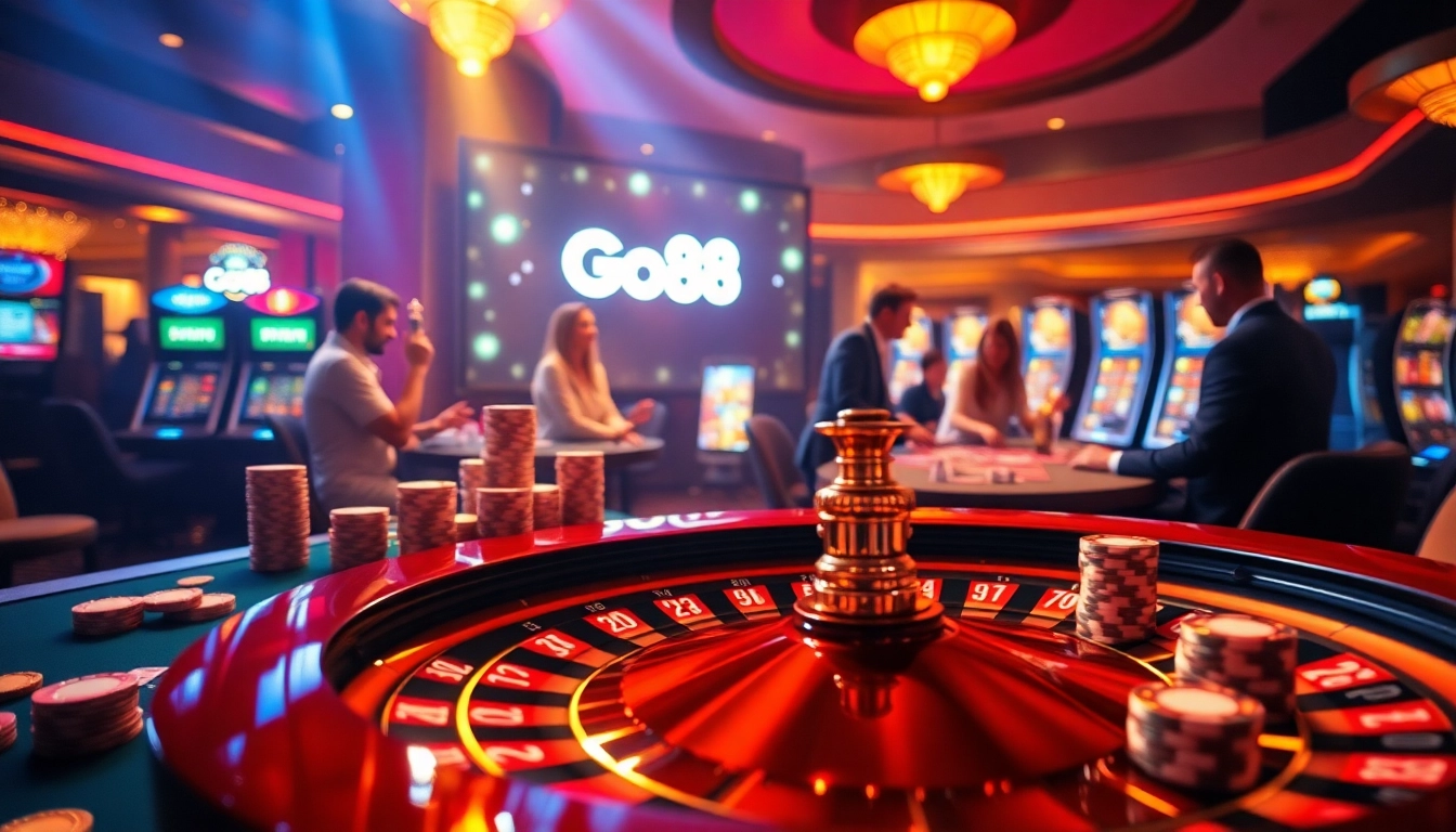 Go88 gaming scene with exciting roulette wheel and poker chips amidst a luxury casino atmosphere