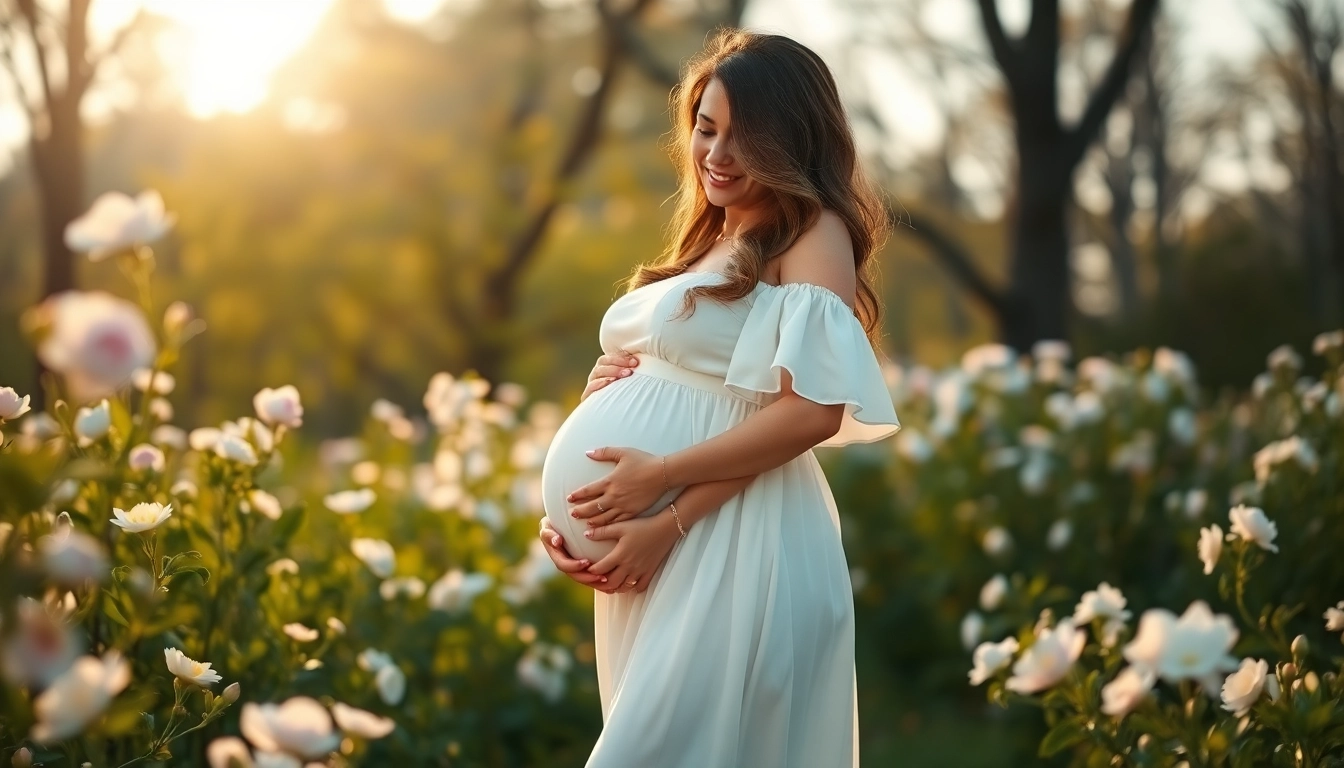 Schwangerschaftsfotografie einer schwangeren Frau im Freien mit blühenden Blumen.