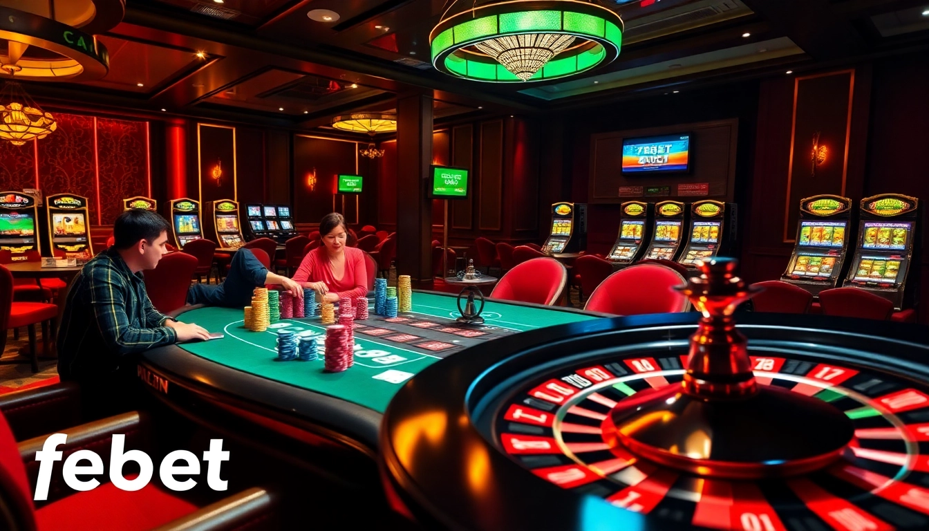 Febet casino scene featuring a high-stakes poker table with players and vibrant poker chips.