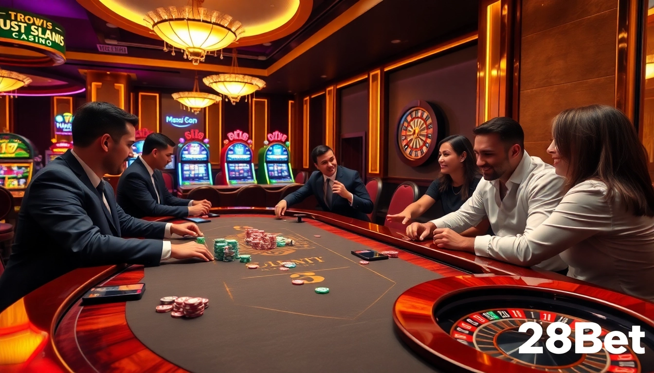 Engaging players at a luxurious poker table with 28Bet branding in a vibrant casino setting.