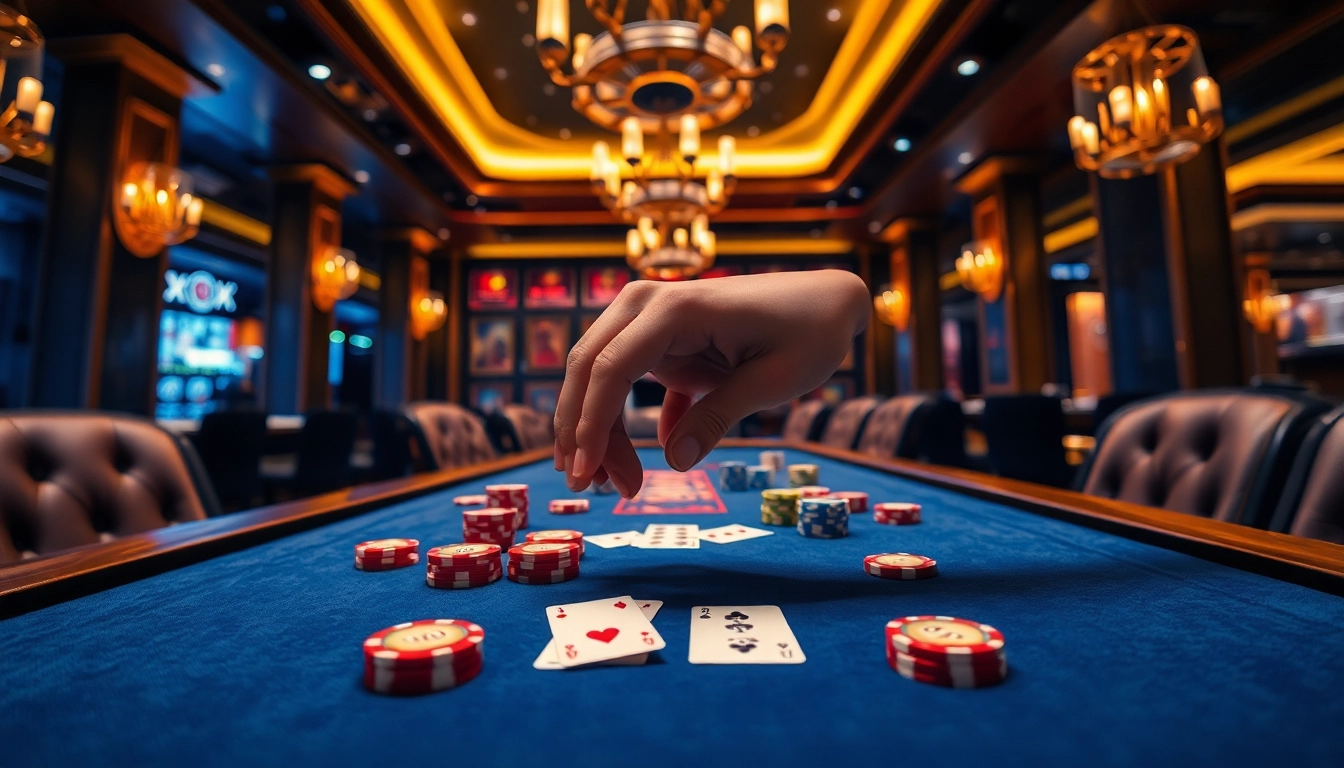 Gamblers strategizing their bets on the elegant XX88 casino table filled with vibrant chips and cards.