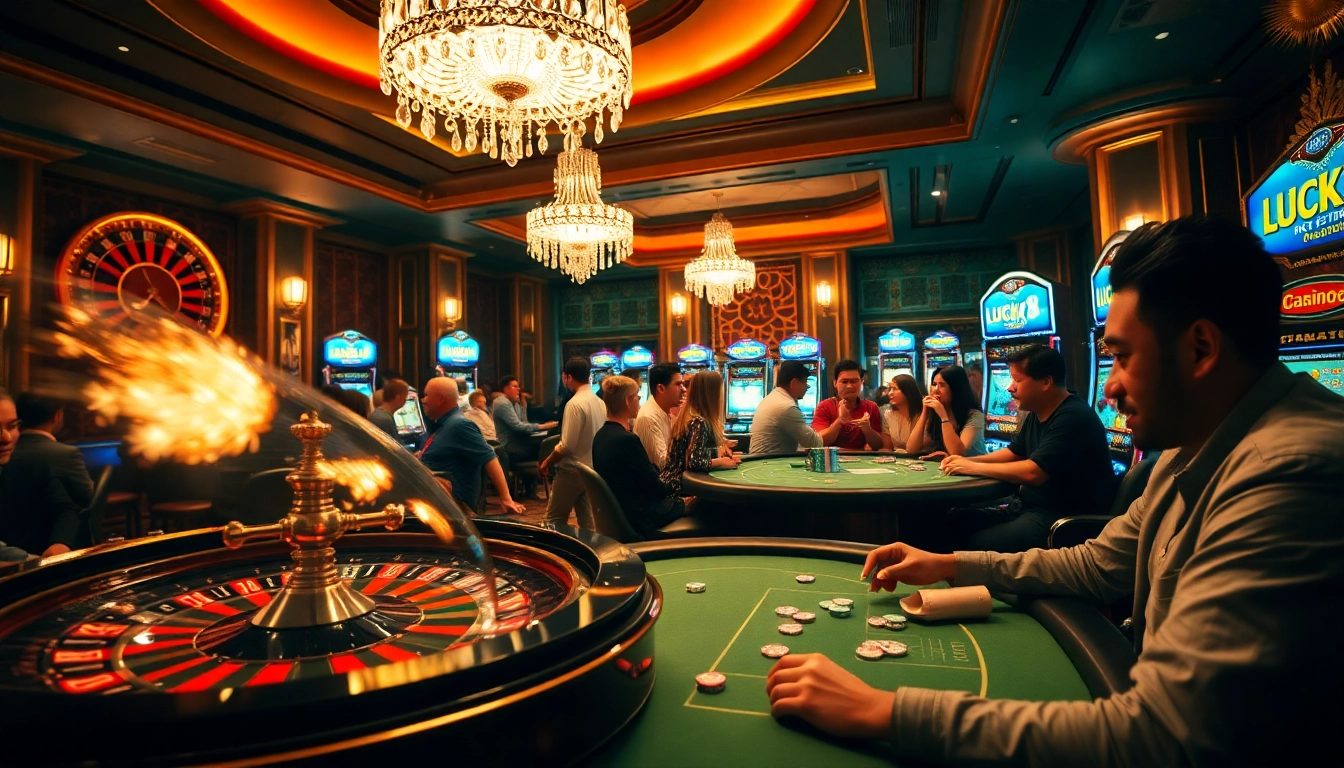 LUCK8 giới thiệu một cảnh casino đầy sôi động với người chơi đang cược tại bàn poker và quay bánh xe roulette.