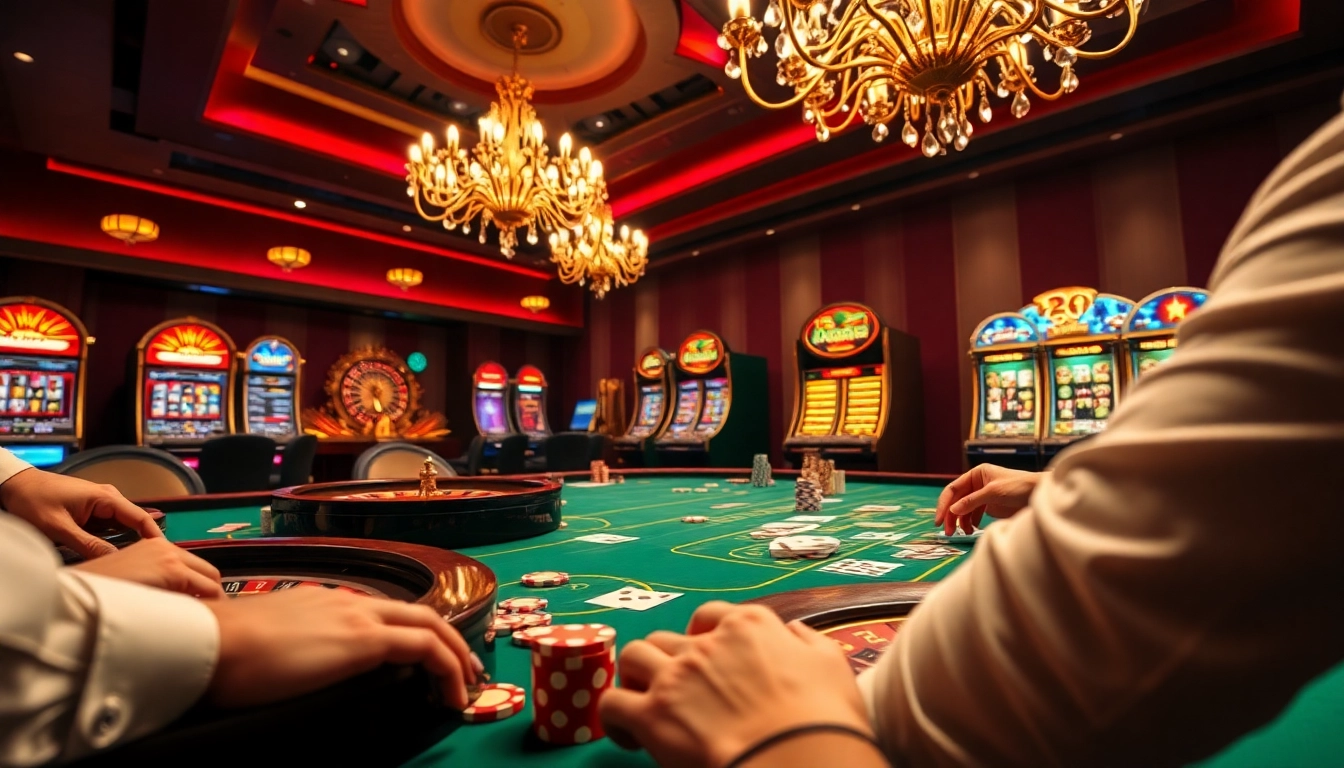 Experience thrilling RR88 casino action with poker tables, colorful chips, and a roulette wheel in a luxurious setting.