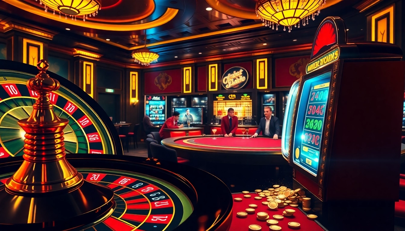Experience the excitement of gambling at GK88.city with a vibrant casino scene showcasing roulette, poker, and slot machines.