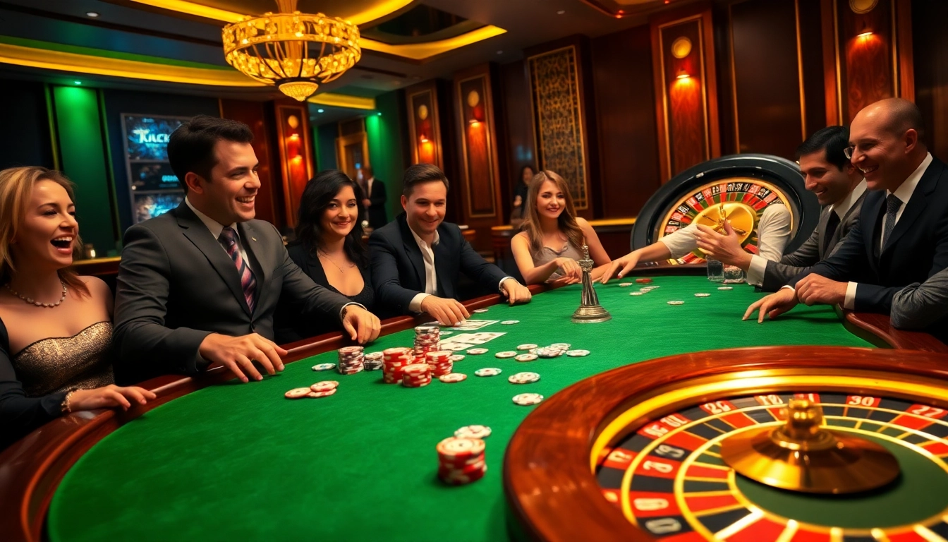 LUCK8 players celebrating a winning hand at a luxurious casino poker table