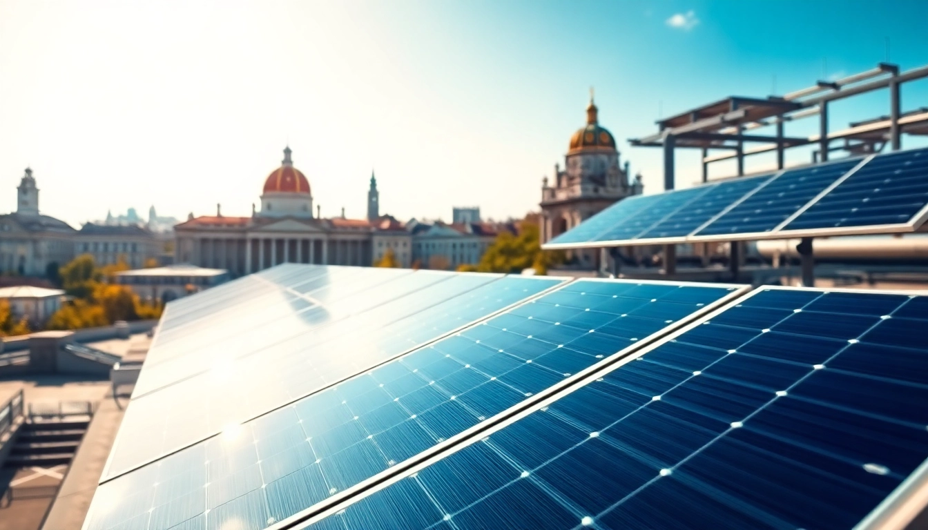 Solar Wien zeigt moderne Solaranlagen in einer urbanen Umgebung mit strahlendem Sonnenlicht.