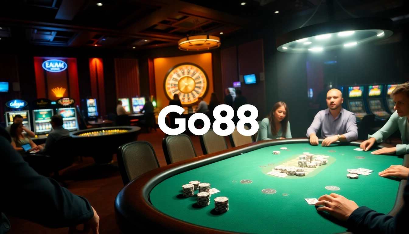 Players engaged in a thrilling Go88 poker game, showcasing chips, cards, and a roulette wheel.
