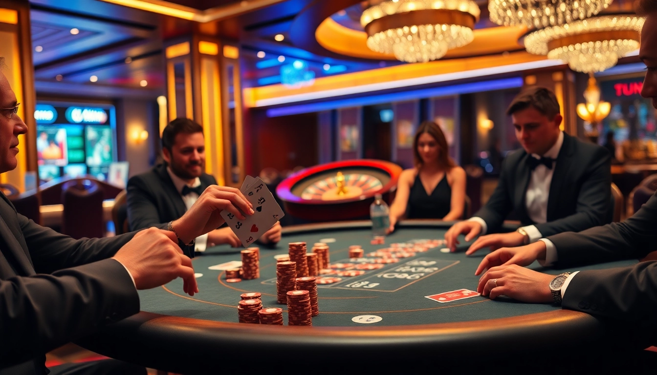 Engaging poker game scene at 88i featuring players and vibrant casino elements.