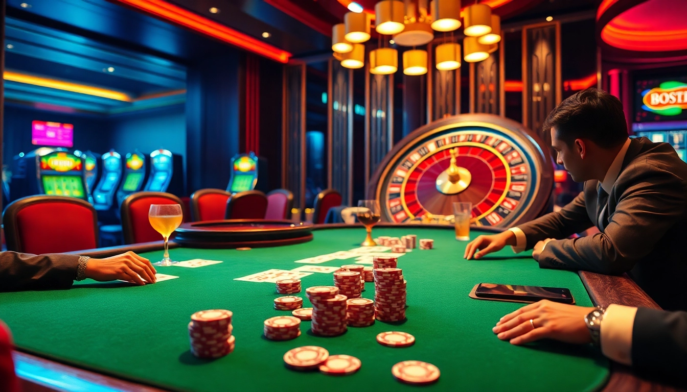 Exciting casino atmosphere with players at a poker table, highlighting b52 themed gambling.