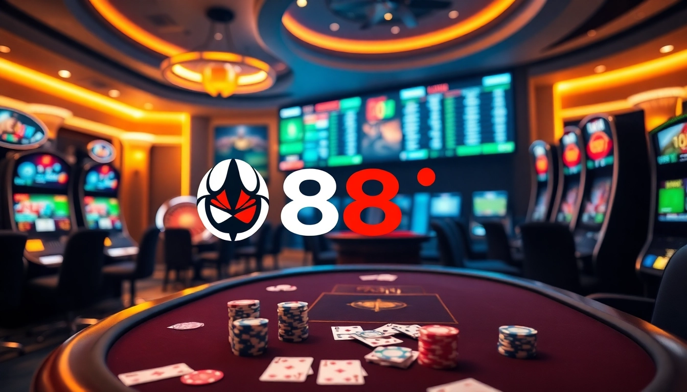 Experience the excitement of 88i nhà cái with an elegant casino table and vibrant gaming machines.