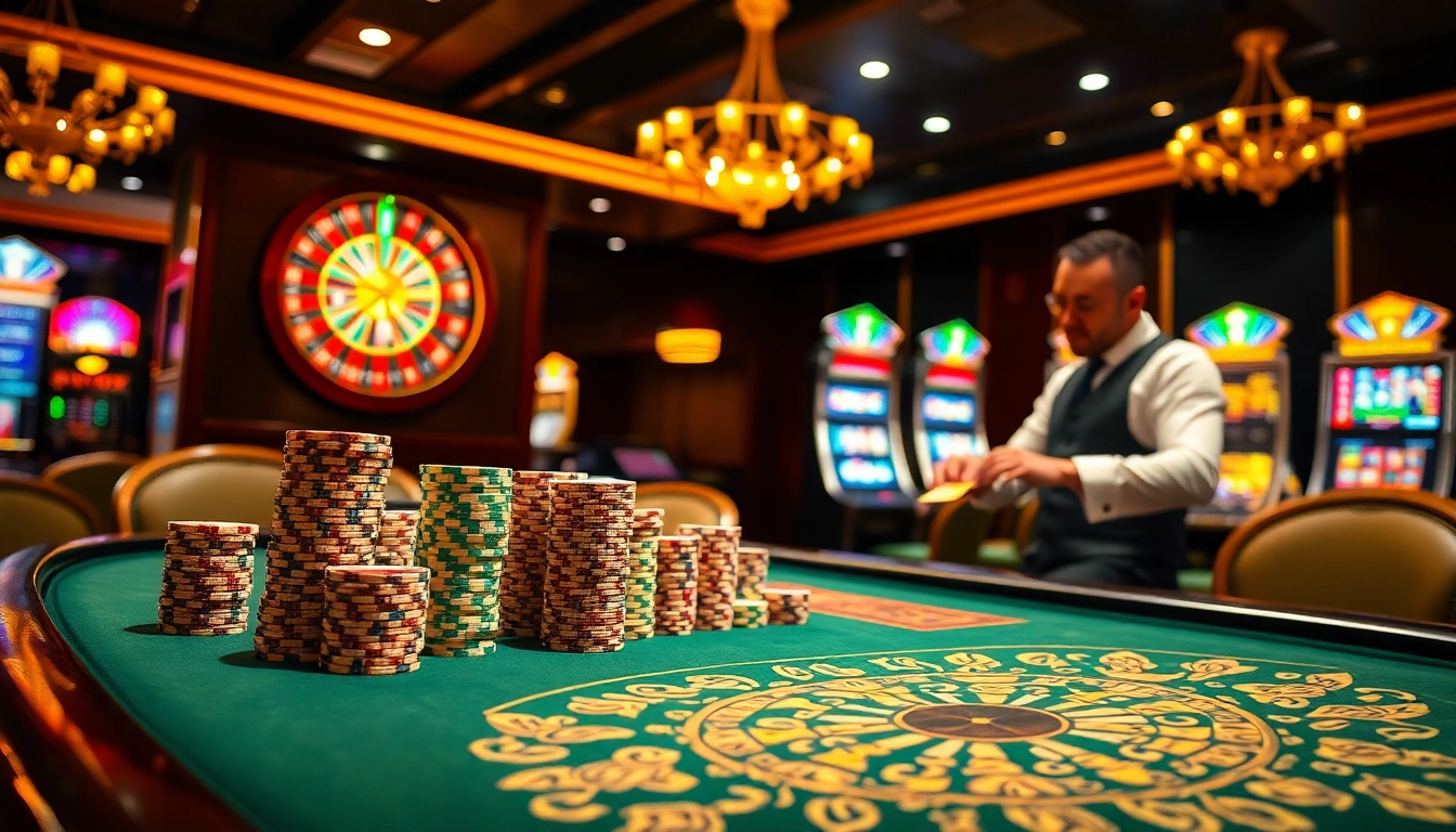 Experience thrilling gameplay at 23WIN with vibrant casino tables and winning poker chips.