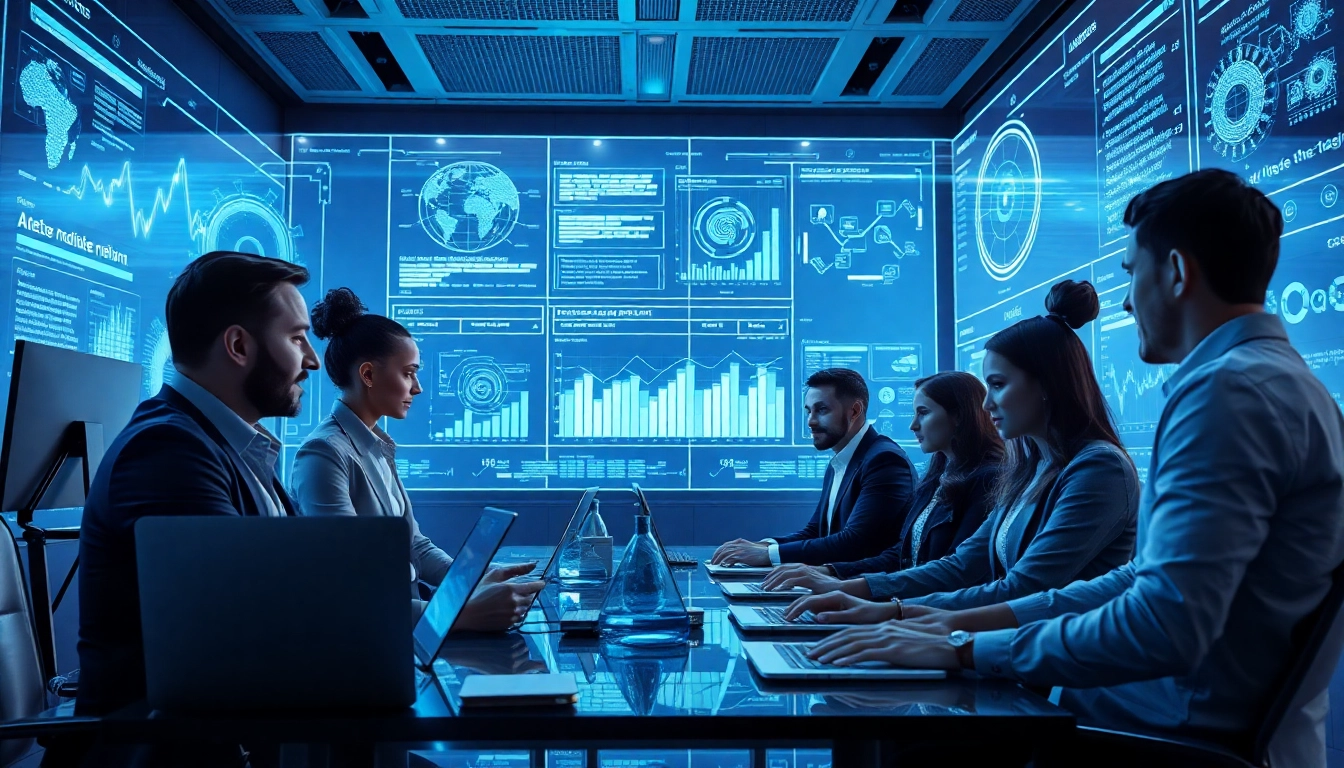 Futuristic workspace showcasing advanced AI interfaces and professionals interacting with 18+ ai tools.