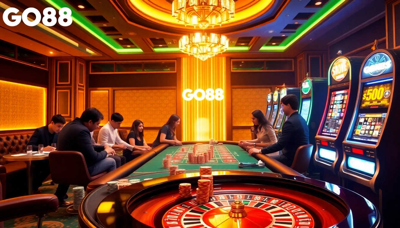 Exciting casino action featuring GO88 players at the roulette table and slot machines.