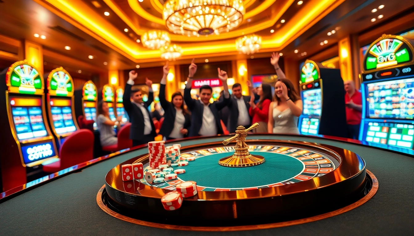 Players enjoying high stakes at a GG88-themed casino table with vibrant poker chips.