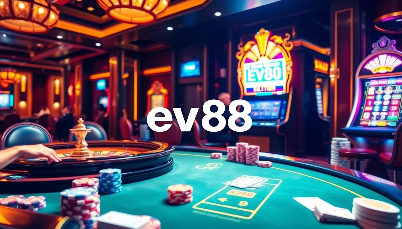 Experience the thrill of ev88 at a luxurious casino with roulette, poker chips, and glowing slot machines.