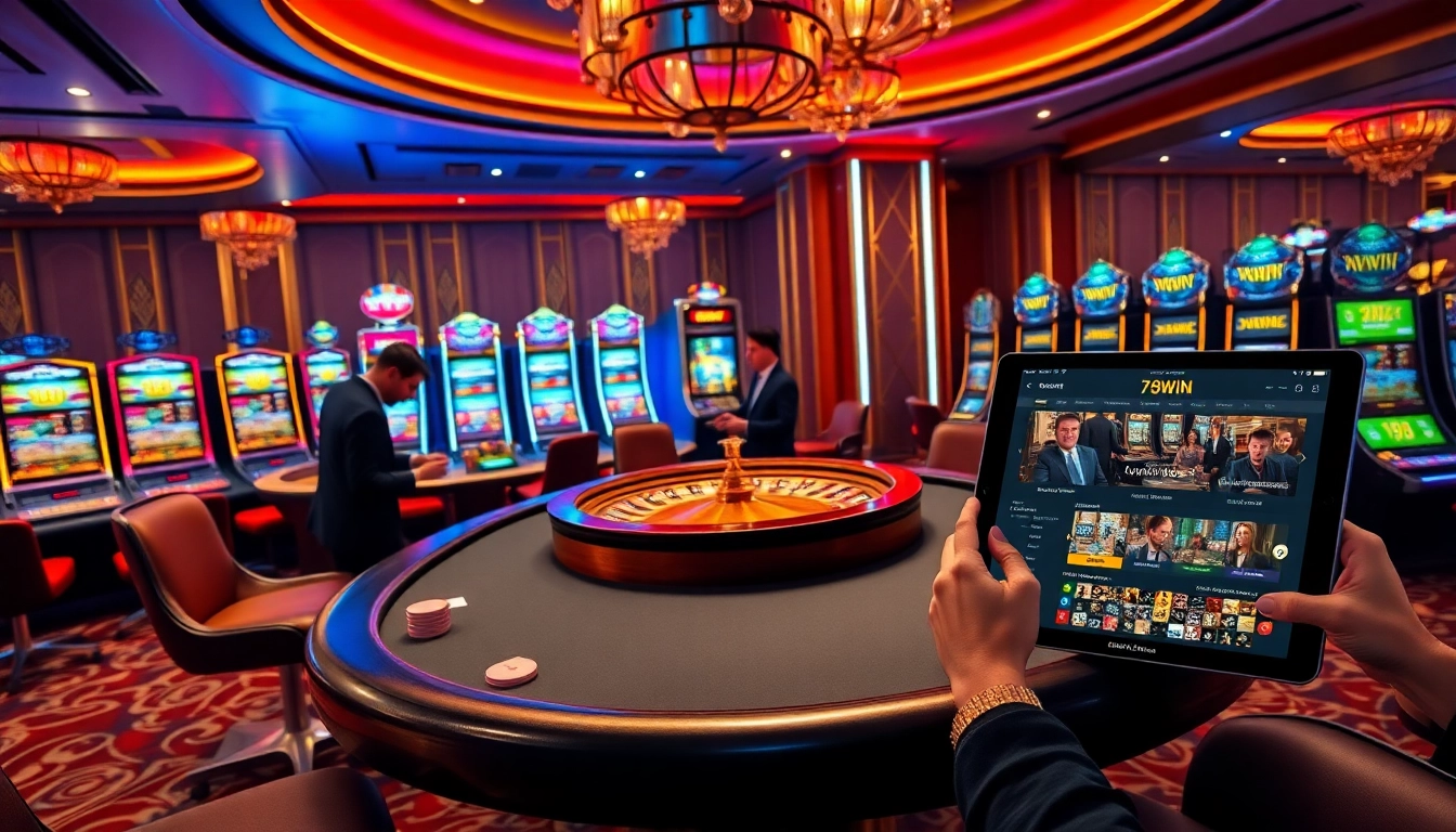 Engaging experience at 78WIN casino with players at the poker table and vibrant slot machines.