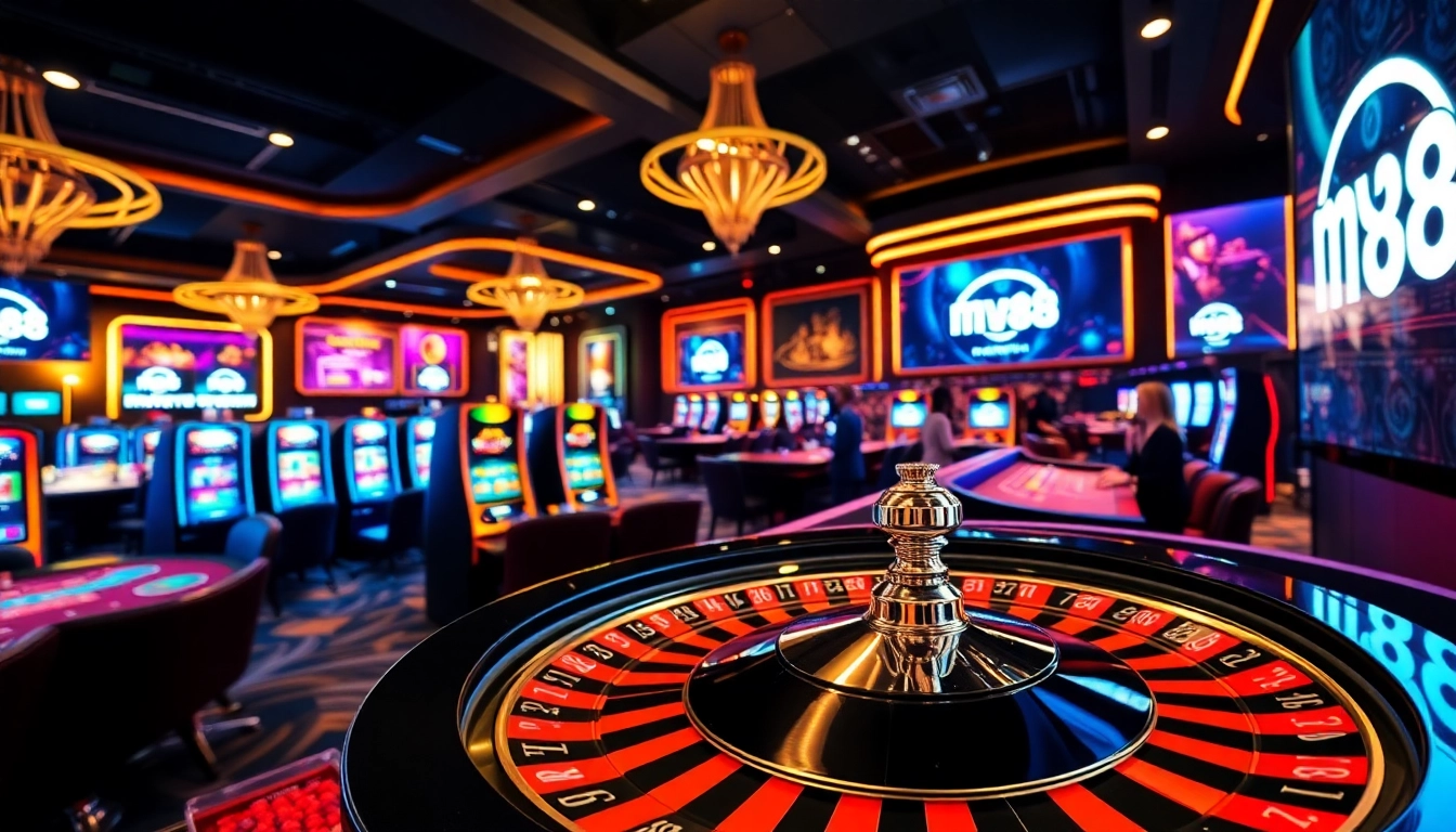 Experience the thrill of mv88 with vibrant casino tables and a spinning roulette wheel.
