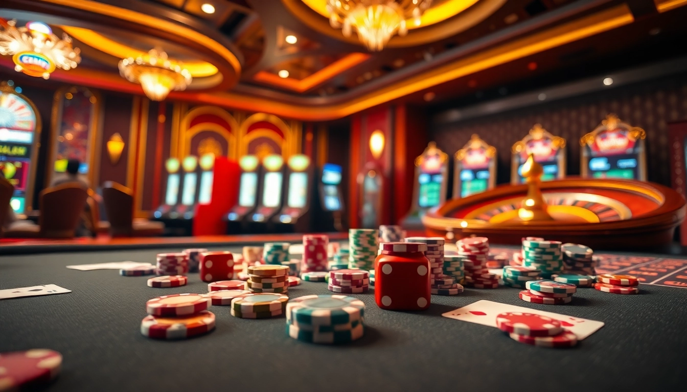 Experience high-stakes gambling at CM88.COM with vibrant casino tables and illuminated slot machines.