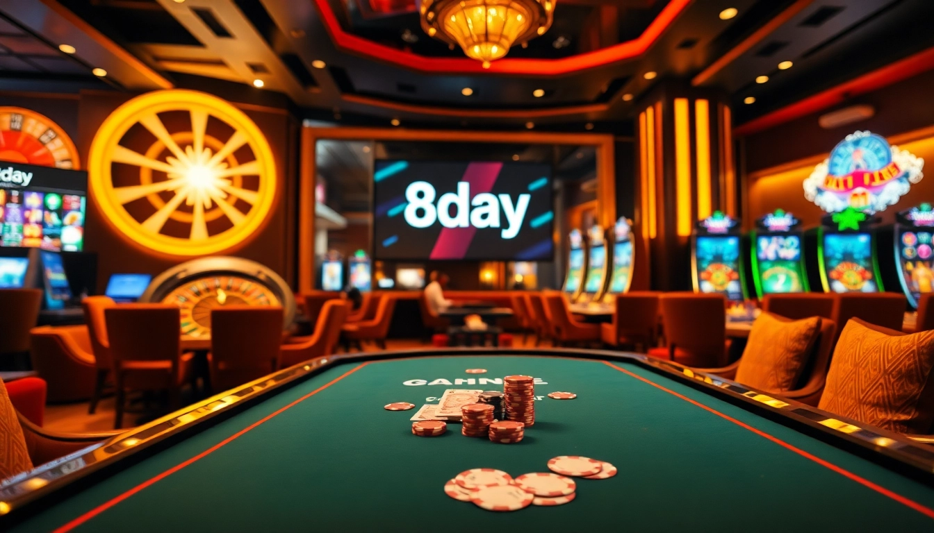 Experience an exciting online gambling scene at 8day featuring vibrant casino games and players engaged in betting.