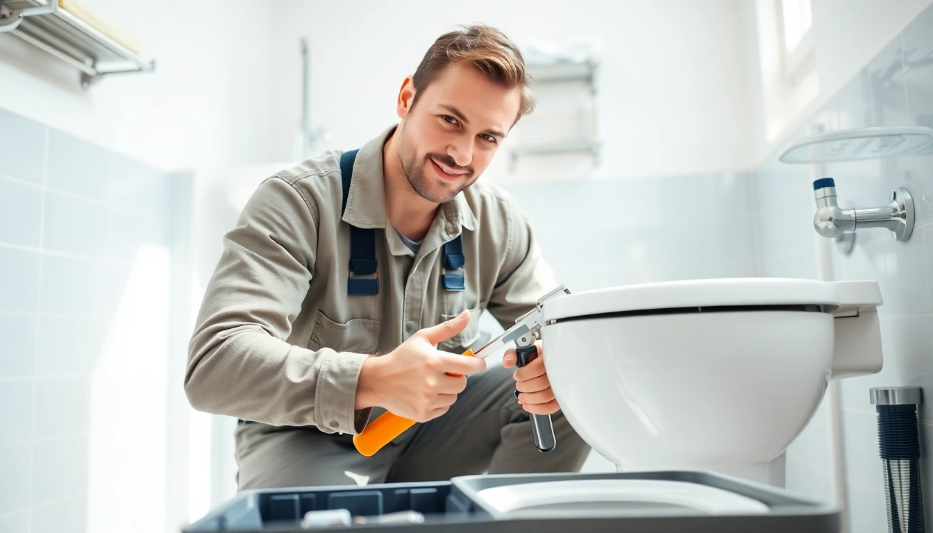 Skilled plumber performing a toilet repair in a bright bathroom setting.