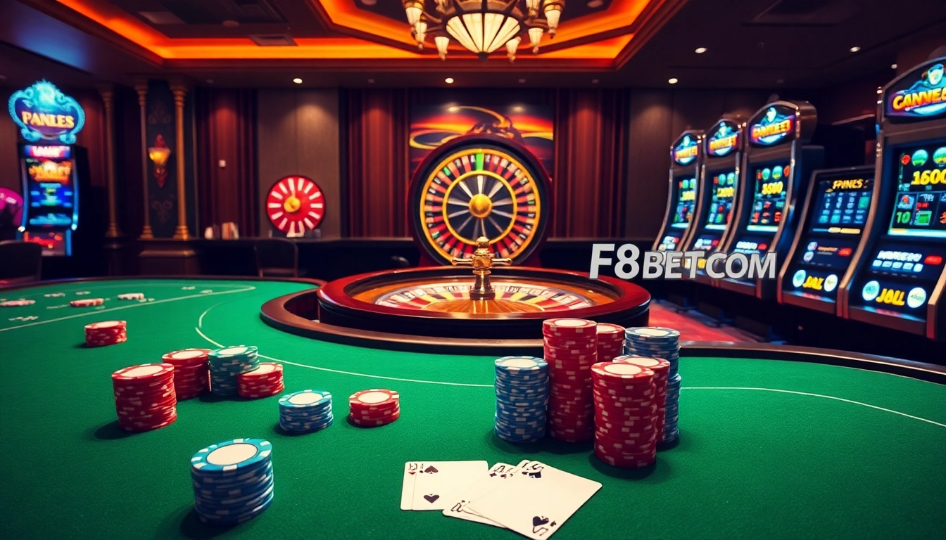 Exciting casino scene featuring F8BET COM with poker chips, roulette wheel, and slot machines, highlighting a thrilling gaming atmosphere.