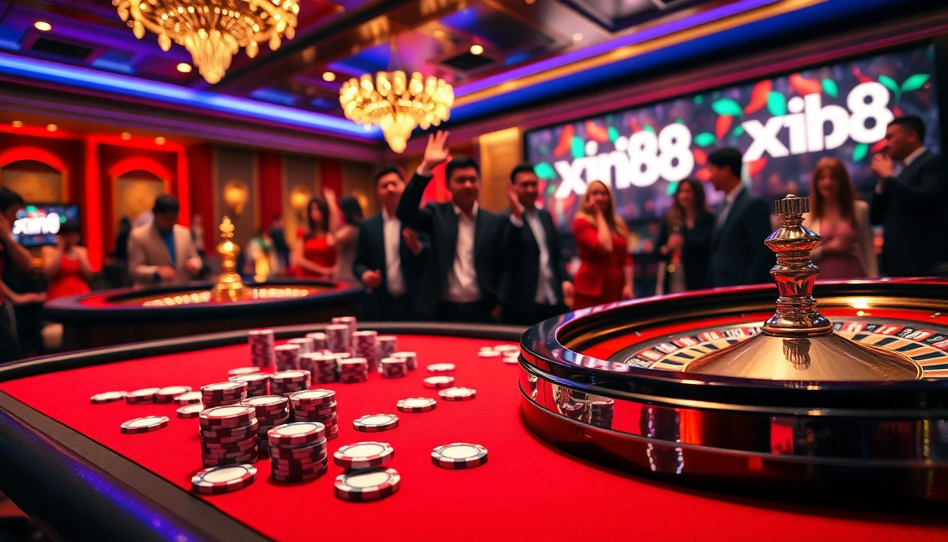 Experience the thrill of xin88 as players engage at a luxurious casino table with vibrant poker chips.