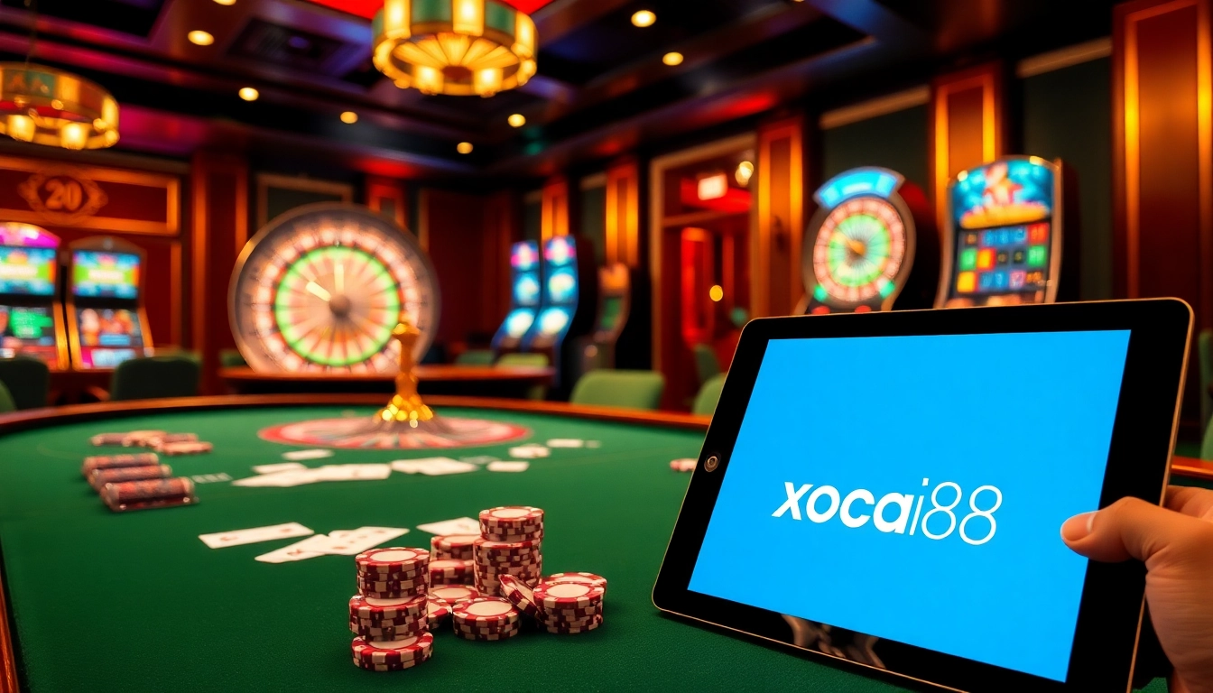 Engage in thrilling games at xocdia88 with vibrant casino visuals showcasing poker, roulette, and slots.