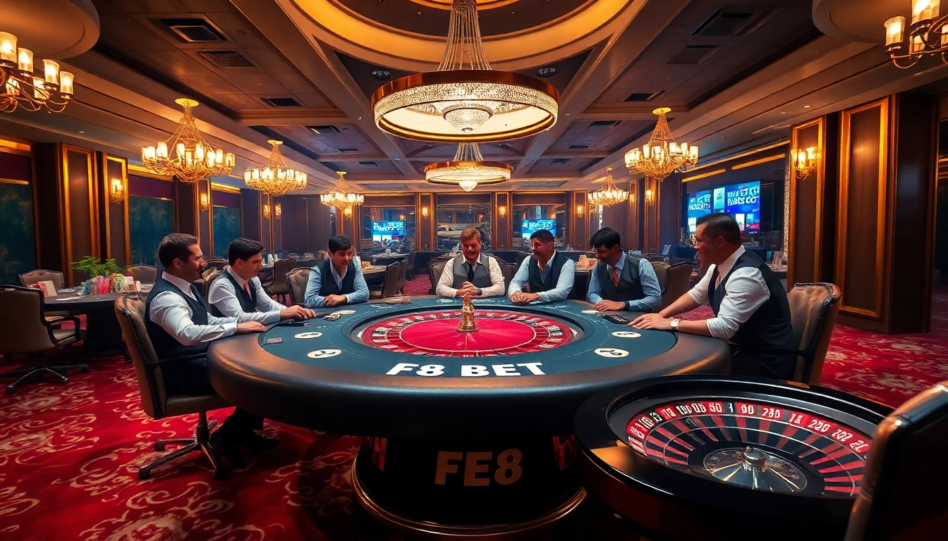 Experience F8 BET casino excitement with poker players at a vibrant table showcasing high stakes and luxury atmosphere.
